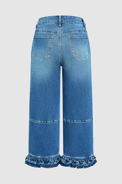 Wash Stitch Detail Ruffle Hem High Rise Wide Leg Crop Jeans Without Belt