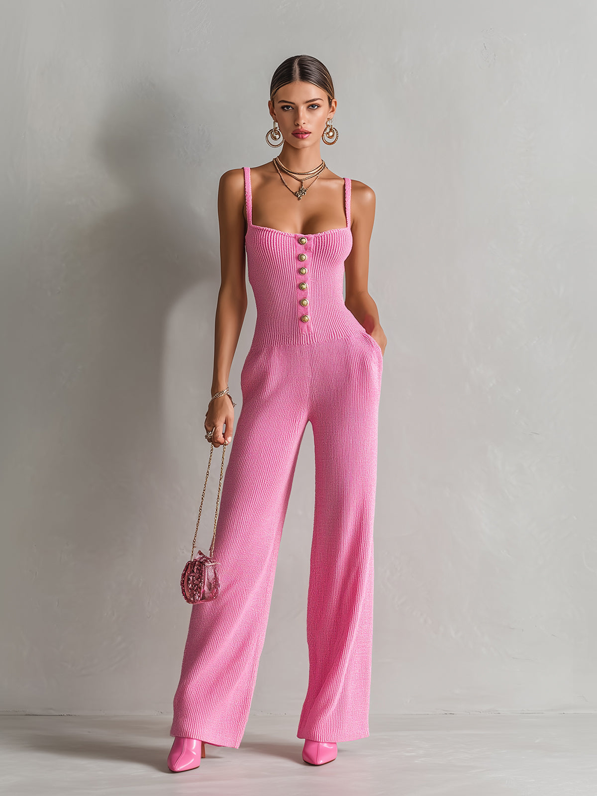 Chic Elegant Hot Pink Square-Neck Sleeveless Gold Button Details Slim-Fit Wide-Leg Ribbed Knit Jumpsuit