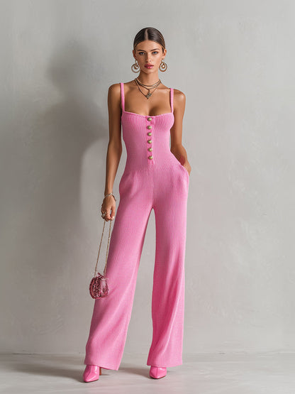 Chic Elegant Hot Pink Square-Neck Sleeveless Gold Button Details Slim-Fit Wide-Leg Ribbed Knit Jumpsuit