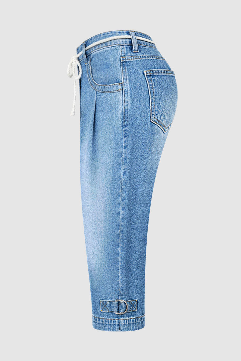 Wash Drawstring Adjustable Pleated High Waist Straight Leg Capri Jeans
