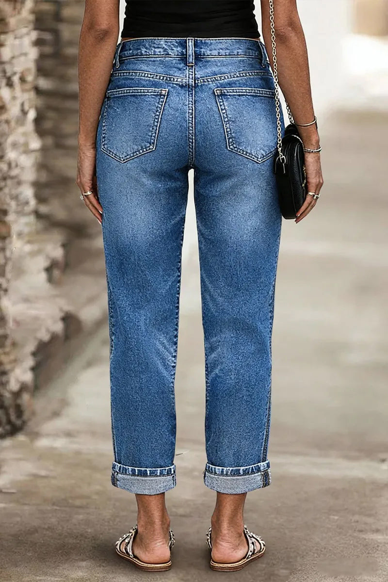 Wash Ripped Mid Waist Straight Leg Crop Jeans