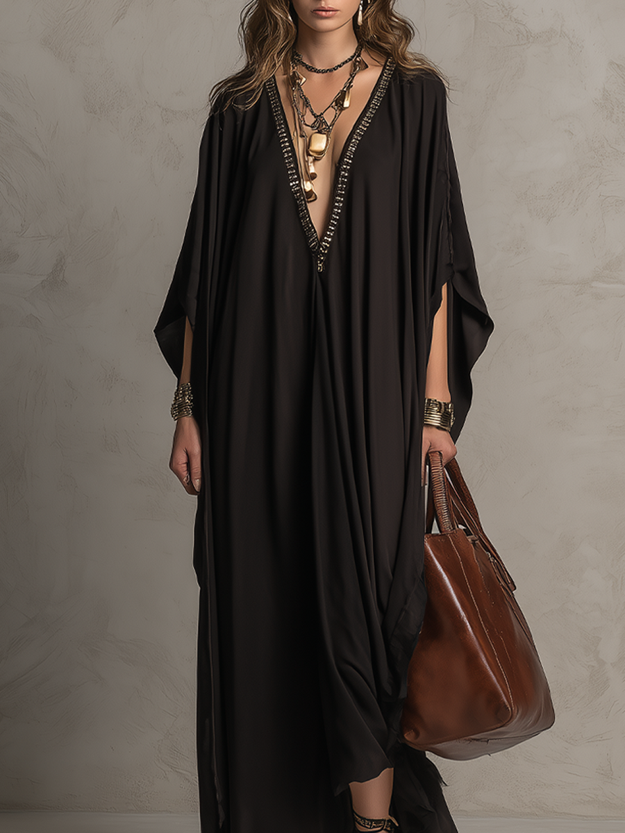 Robe longue noire bohème à col en V et sequins
