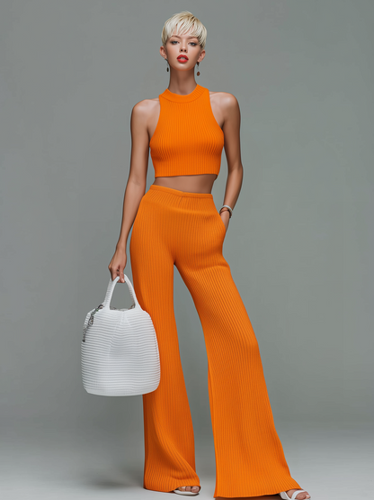 Fashion Elegant Orange High-Neck Slim-Fit Tank Top Elastic Waist Wide-Leg Pants Ribbed Knit Two-Piece Set