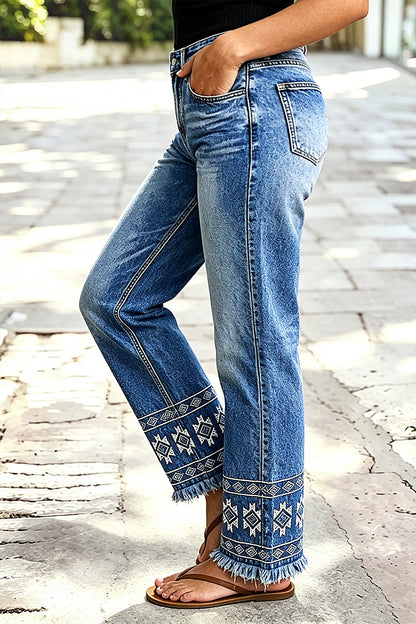 Wash Geo Embroidery Raw Hem Mid Waist Straight Leg Jeans Without Belt