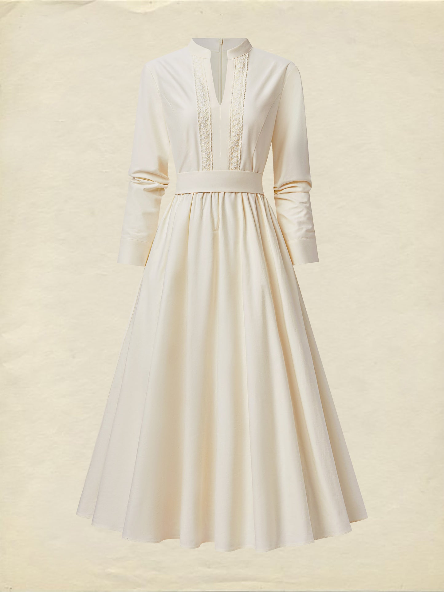Robe longue en coton, Manches longues, Col en V, Unie, Dentelle, Vintage, Blanche