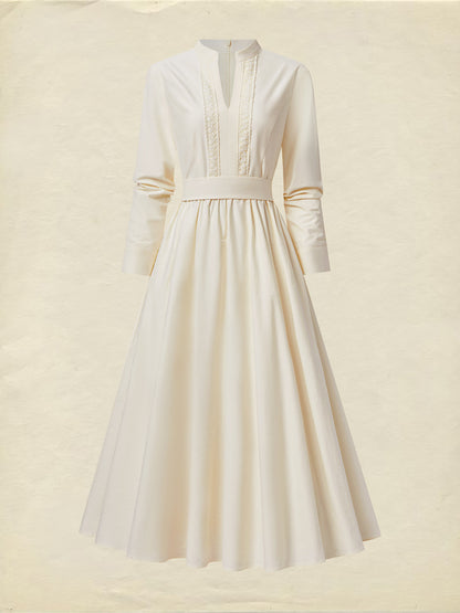 Robe longue en coton, Manches longues, Col en V, Unie, Dentelle, Vintage, Blanche