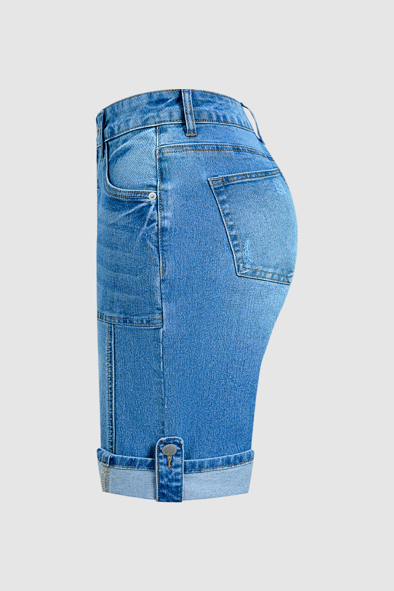 Ripped Seam Front Roll Hem Mid Rise Denim Bermuda Shorts Without Belt