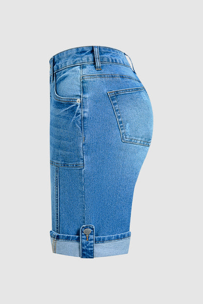 Ripped Seam Front Roll Hem Mid Rise Denim Bermuda Shorts Without Belt