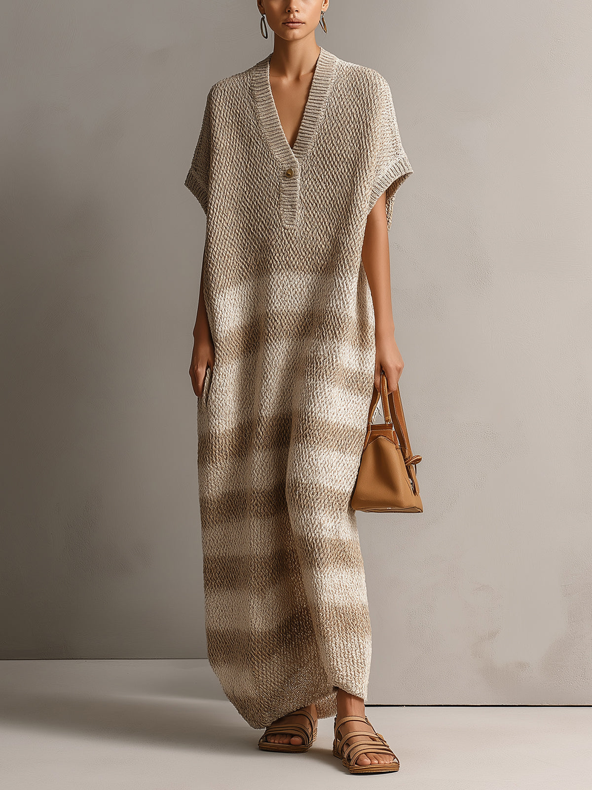 Chic Elegant Light Camel-Beige Colorblock V-Neck Button-Front Short-Sleeve Oversize Knit Maxi Dress