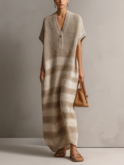 Chic Elegant Light Camel-Beige Colorblock V-Neck Button-Front Short-Sleeve Oversize Knit Maxi Dress