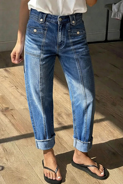 Roll & Raw Hem Stitch Detail Flap Decor High Waist Tapered Cropped Jeans