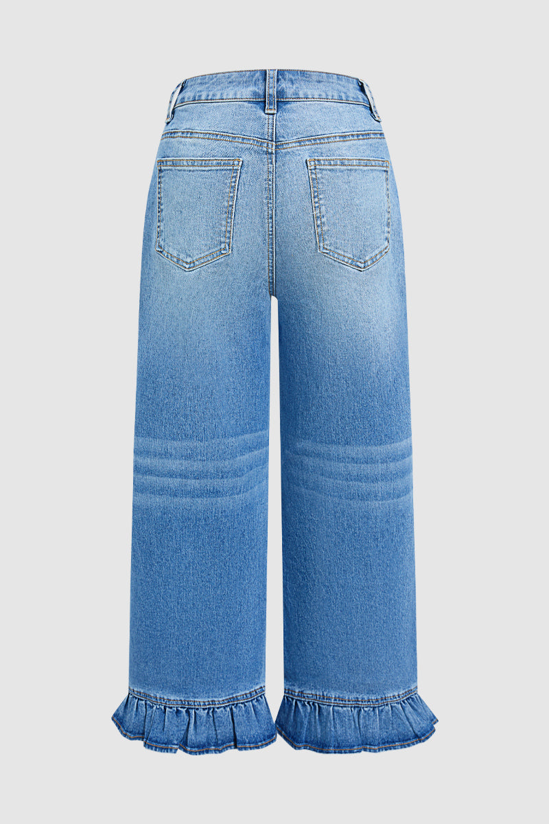 Wash Ruffle Hem High Waist Wide Leg Crop Jeans Without Belt
