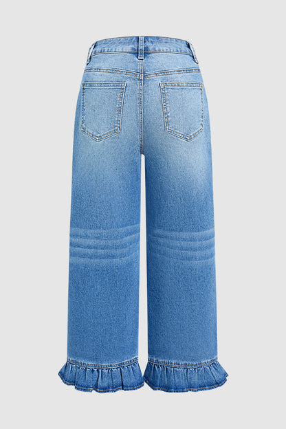 Wash Ruffle Hem High Waist Wide Leg Crop Jeans Without Belt