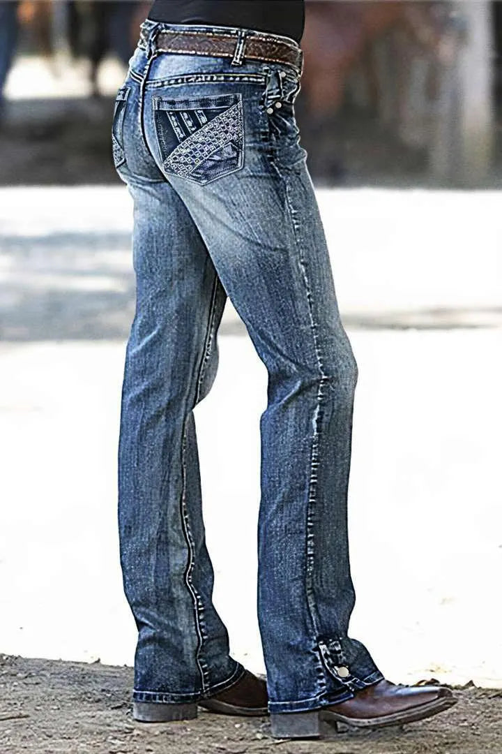 Embroidered Pocket Buttoned Hem Mid Waist Bootcut Jeans Without Belt