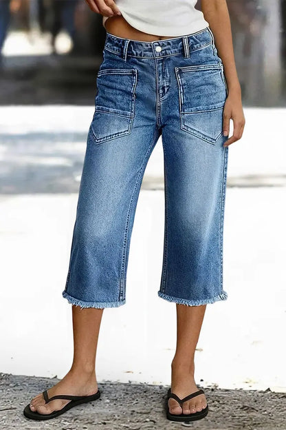 Wash Patch Pocket Raw Hem High Rise Straight Leg Capri Jeans