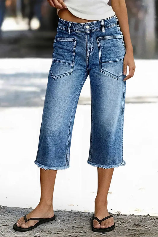 Wash Patch Pocket Raw Hem High Rise Straight Leg Capri Jeans