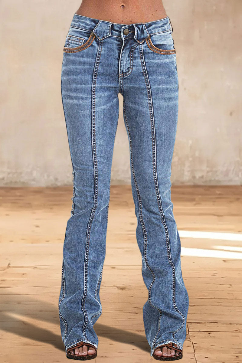 Wash Contrast Stitch Low Waist Bootcut Jeans