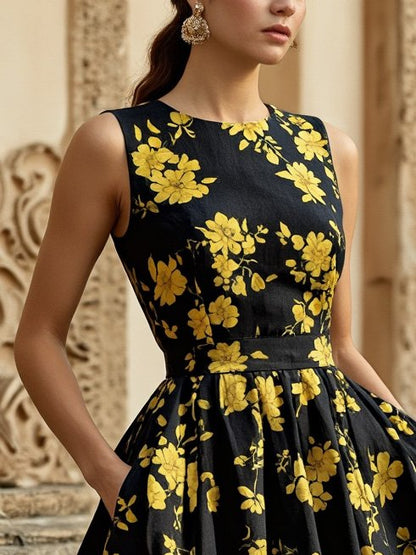 Robe mi-longue en lin, sans manches, col rond, motifs floraux, poches, style vintage, noire