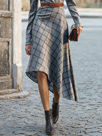 Robe midi en lin, manches longues, col montant, à carreaux, ceinture, vintage, gris