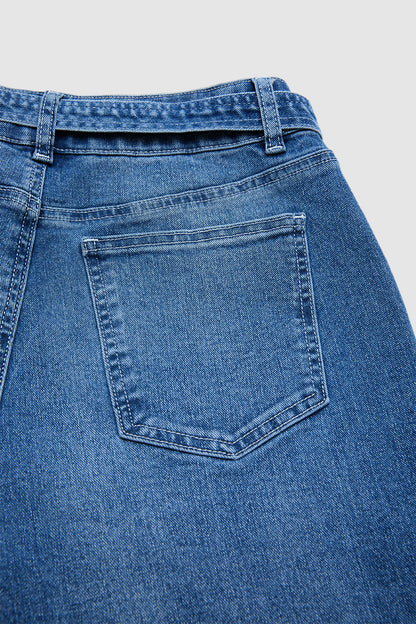 Wash Tie Belt Stitch Detail Mid Waist Wide Leg Jeans