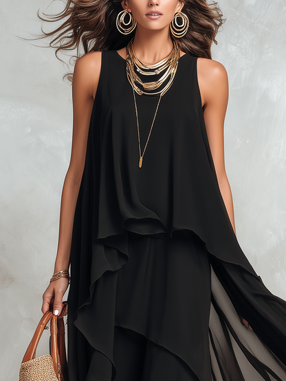 Robe longue bohème noire en mousseline étagée