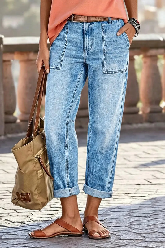 Roll Hem Mid Waist Straight Leg Crop Jeans Without Belt