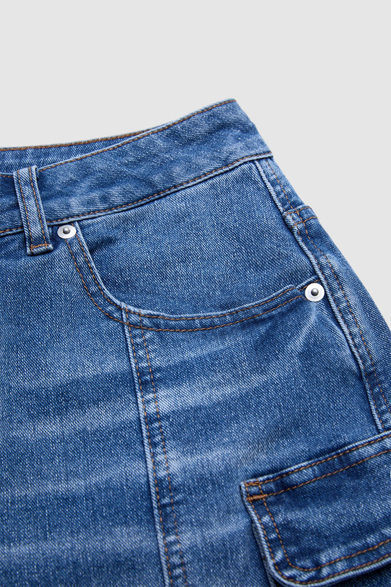 Wash Flap Pocket Seam Front Mid Rise Mid Thigh Denim Shorts Without Belt