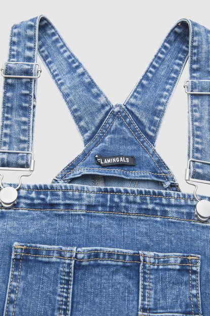 Patched Stitch Detail Barrel Leg Denim Overalls