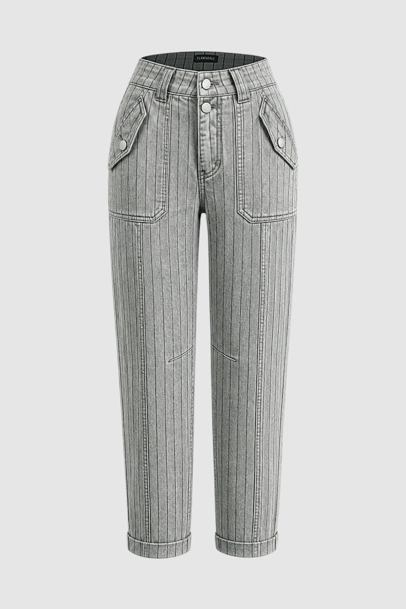 Striped Flap Decor Roll Hem High Waist Cropped Tapered Pants