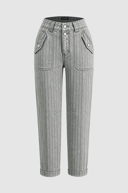 Striped Flap Decor Roll Hem High Waist Cropped Tapered Pants