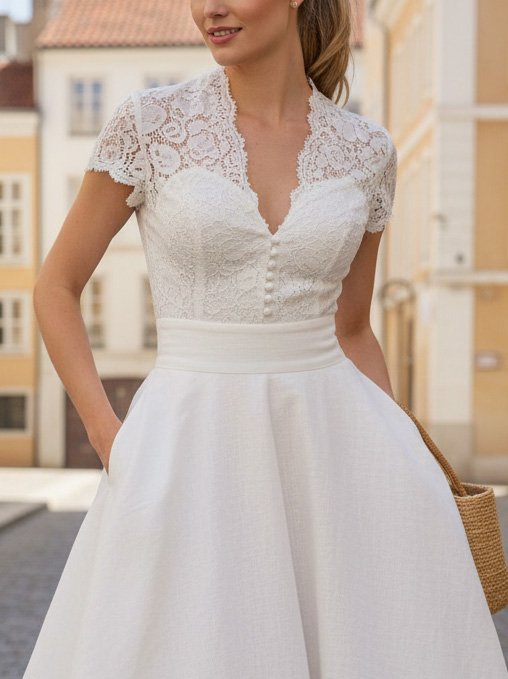 Robe Midi en Lin, Manches Courtes, Unie, Dentelle, Vacances, Vintage, Blanc