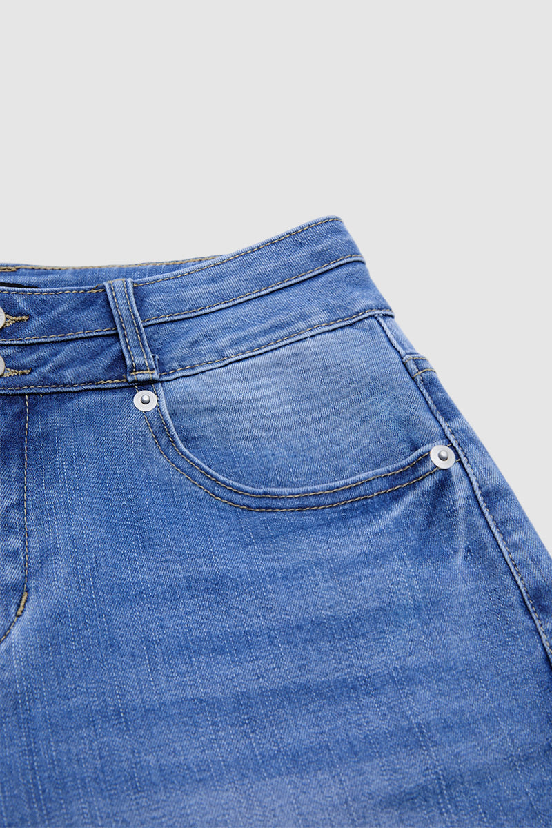 Wash Raw Hem Dual Button Mid Waist Bootcut Jeans