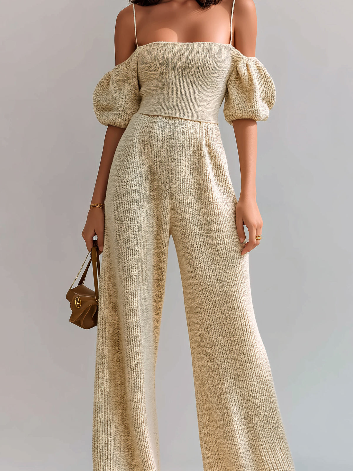 Chic Elegant Beige Off-The-Shoulder Strappy Short-Sleeve Slim-Fit Top And High Waist Wide-Leg Knit Pants Two-Piece Set