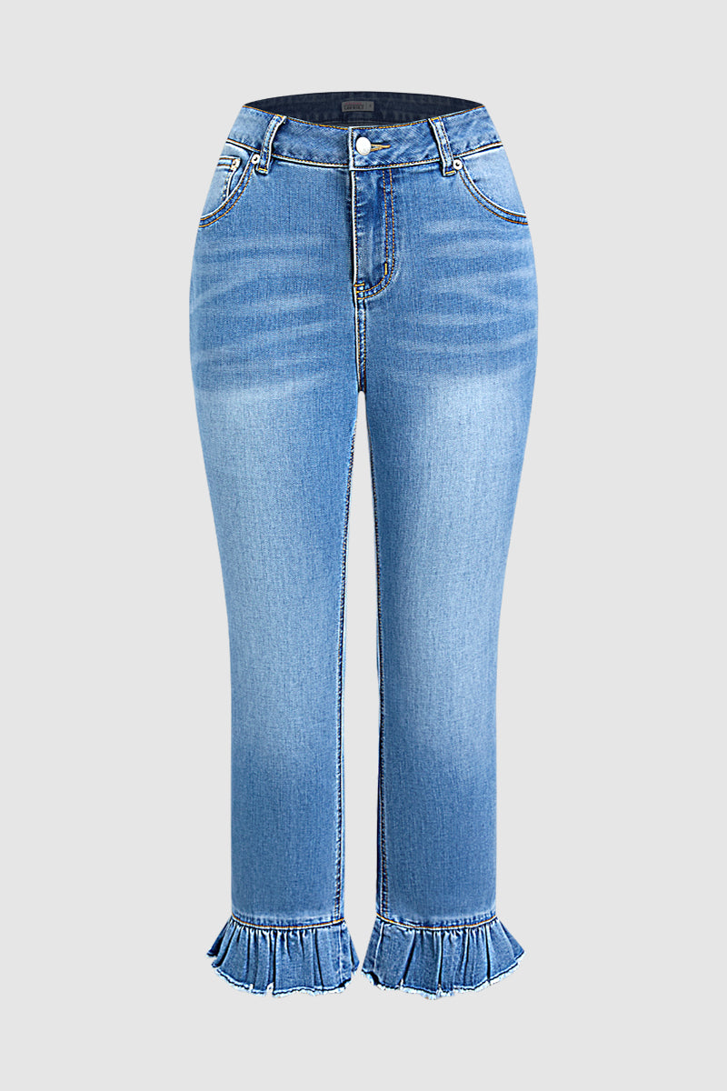 Raw Hem Ruffle Mid Waist Straight Leg Cropped Jeans