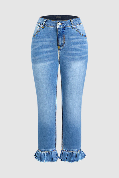 Raw Hem Ruffle Mid Waist Straight Leg Cropped Jeans