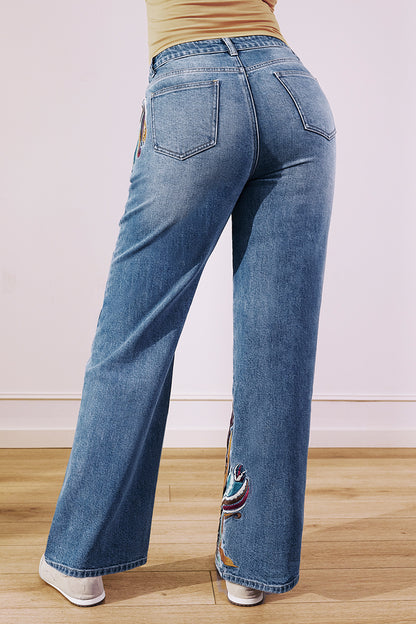 Wash Artistic Embroidery Dual Button Wrap Mid Waist Straight Leg Jeans