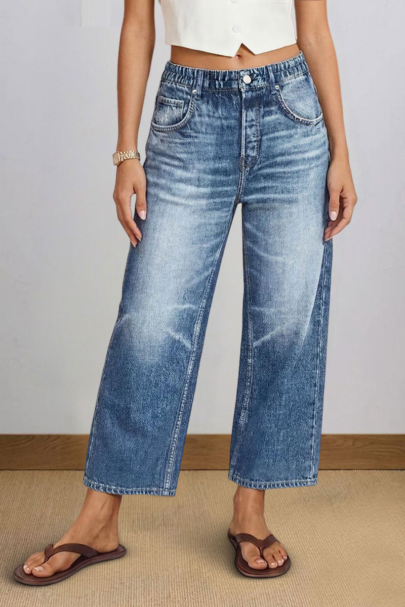 Wash Elastic Mid Rise Wide Leg Crop Jeans