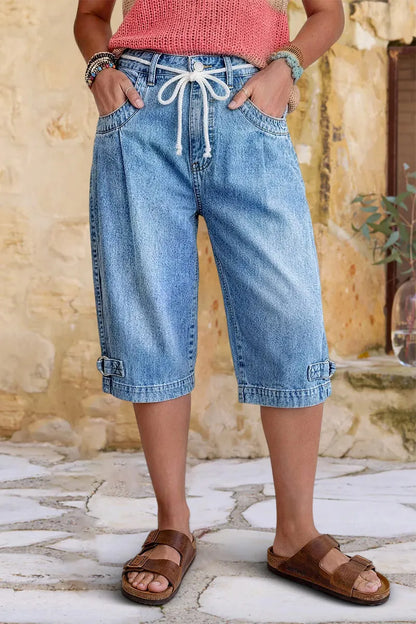 Wash Drawstring Adjustable Pleated High Waist Straight Leg Capri Jeans
