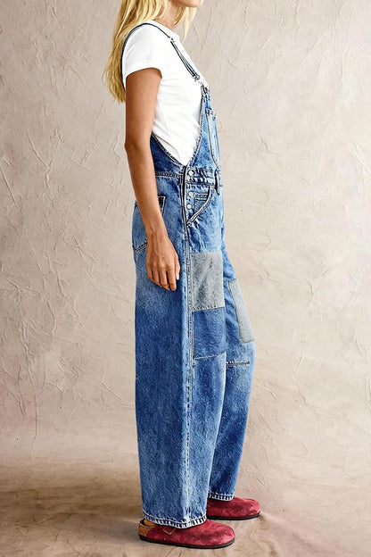 Patched Stitch Detail Barrel Leg Denim Overalls