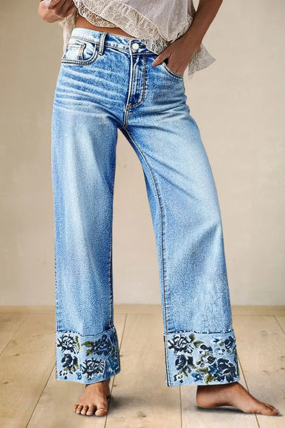 Wash Floral Embroidery Roll Hem Mid Rise Straight Leg Jeans