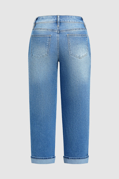 Wash Ripped Roll Hem Mid Waist Straight Leg Crop Jeans