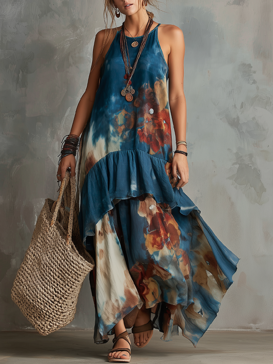 Robe longue asymétrique à volants, tie-dye bohème et dos nu