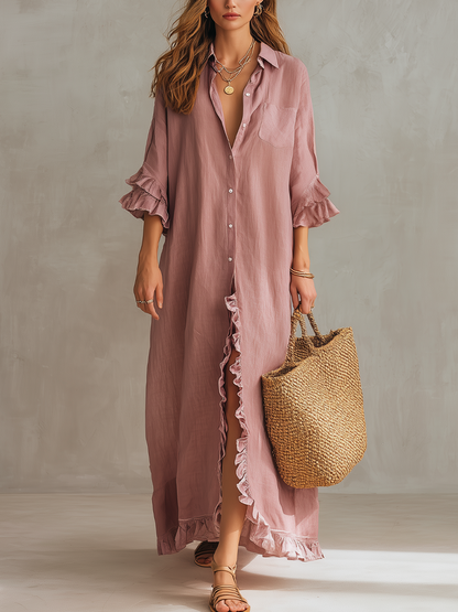 Robe longue chemise boutonnée à volants romantique