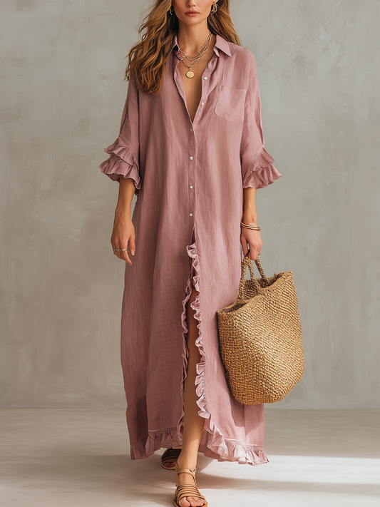 Robe longue chemise boutonnée à volants romantique