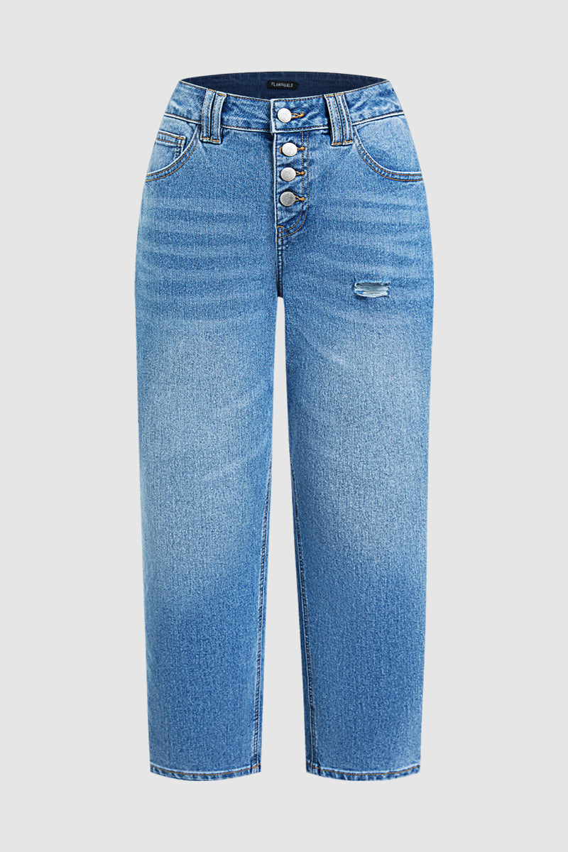 Wash Front Button Ripped Mid Waist Barrel Leg Crop Jeans Without Belt