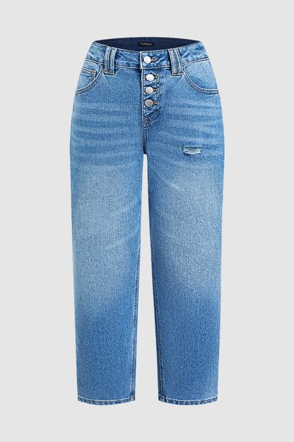 Wash Front Button Ripped Mid Waist Barrel Leg Crop Jeans Without Belt
