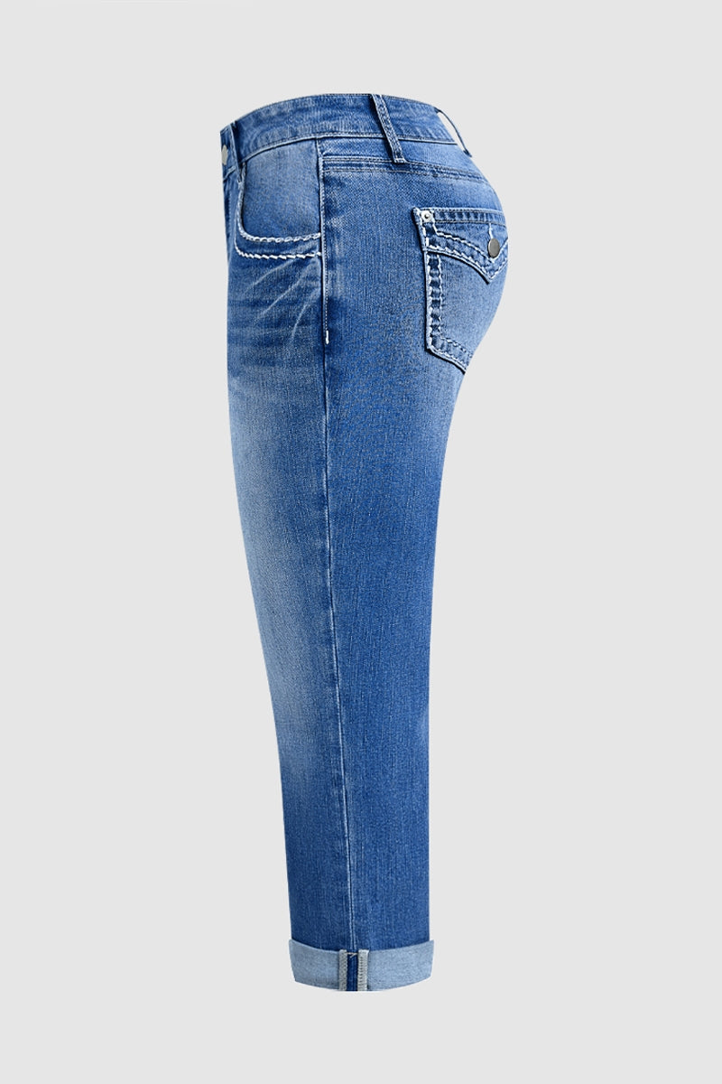 Stitch Detail Mid Waist Skinny Rolled Hem Capri Jeans