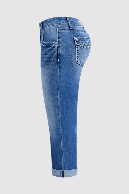 Stitch Detail Mid Waist Skinny Rolled Hem Capri Jeans