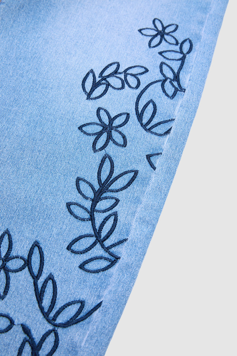 Wash Plant Embroidery Mid Waist Barrel Leg  Jeans