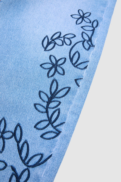 Wash Plant Embroidery Mid Waist Barrel Leg  Jeans